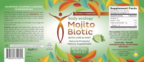 Etiqueta Body Ecology MojitoBiotic ingredientes fermentados orgánicos