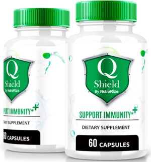 Frasco de cápsulas Q Shield suplemento natural salud