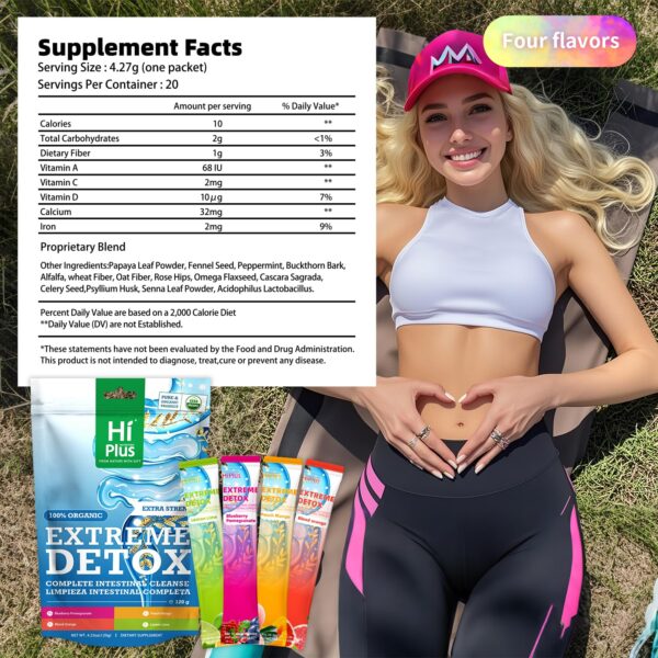 Sobres de polvo detox HiPlus con sabores frutales