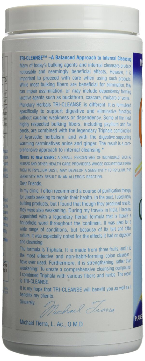 Detalle etiqueta trasera polvo limpiador interno Tri-Cleanse