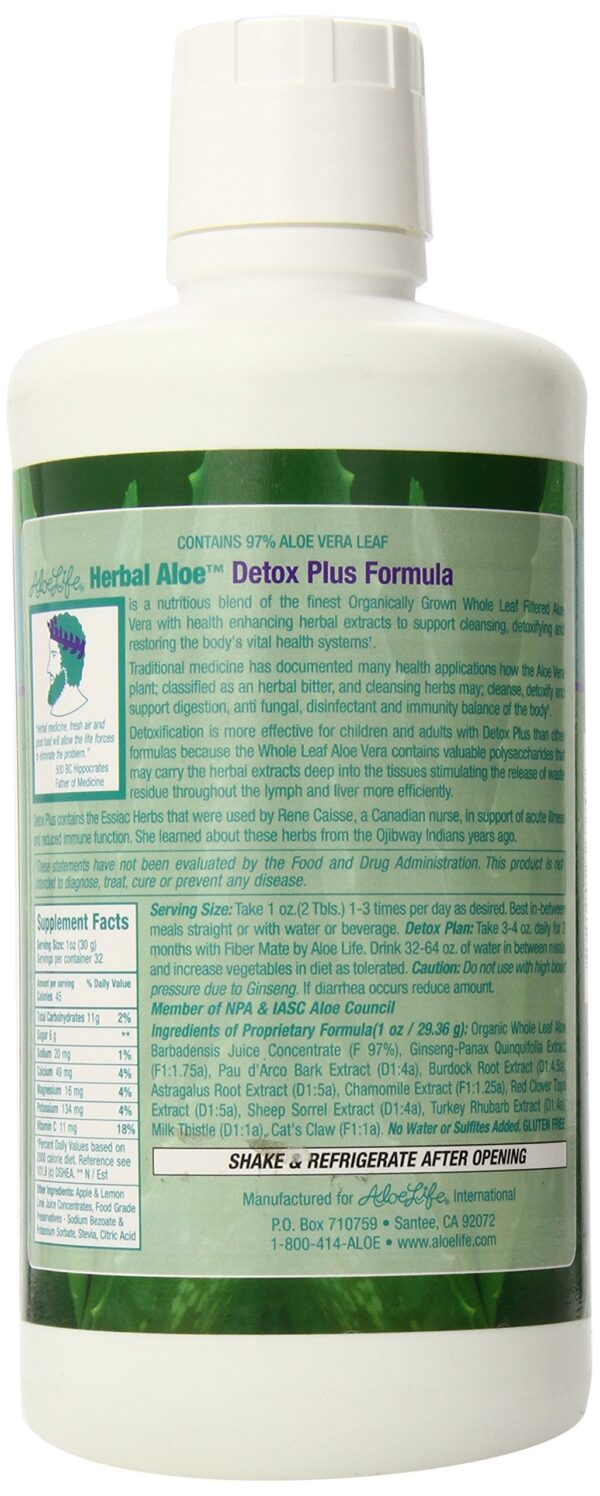 Vista frontal botella Aloe Life detox plus 32 oz saludable
