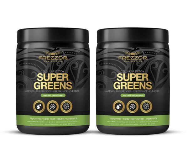 Polvo FREZZOR Super Greens UAF1000+ suplemento natural en frasco
