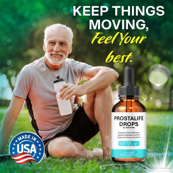 Detalle del envase de gotas ProstaLife de NutraVibe para hombres