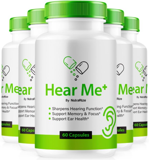 Paquete Hear Me Plus botella frontal para salud auditiva