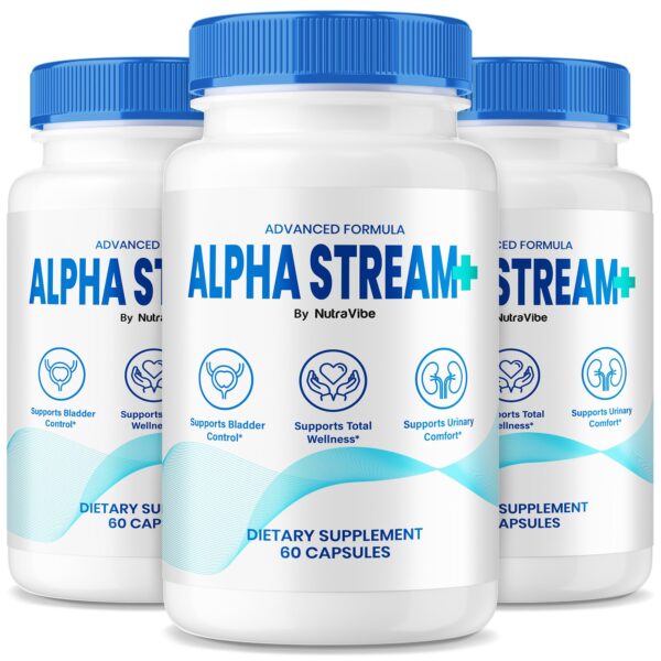 Frasco de Alpha Stream+ suplementos para soporte prostático y energía natural