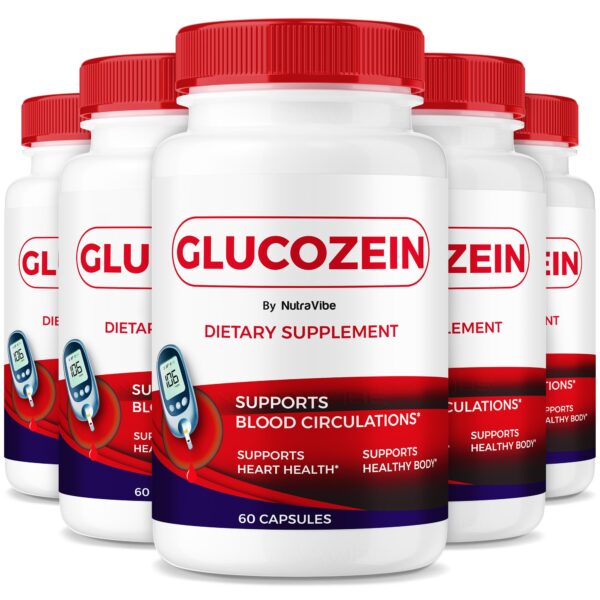 Paquete de 5 botellas de cápsulas GlucoZein para soporte diario de energía