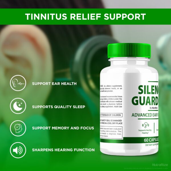 Envase Silence Guardian fórmula para salud y función auditiva óptima