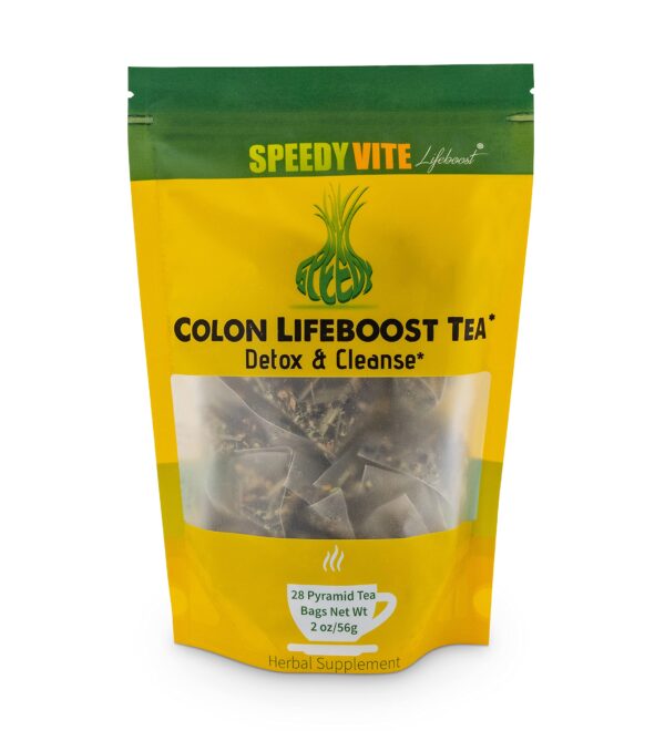 Té detox para colon SpeedyVite en paquete con ingredientes orgánicos