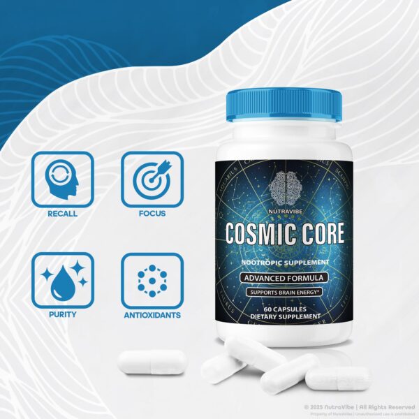 Frasco de cápsulas Cosmic Core enfoque y productividad diaria
