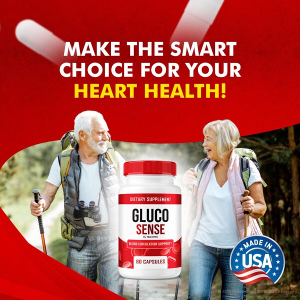 Frasco con etiquetas de suplemento GlucoSense para niveles saludables