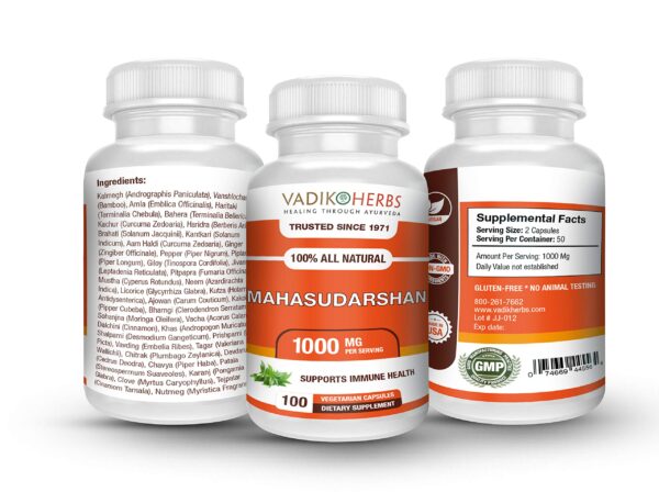 Caja y frasco Vadik Herbs Mahasudarshan suplemento natural desintoxicante