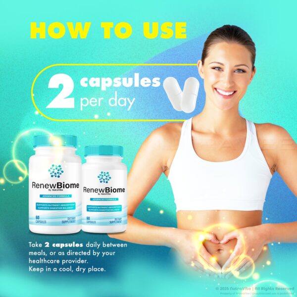 Envase y cápsulas RenewBiome de NutraVibe para bienestar digestivo