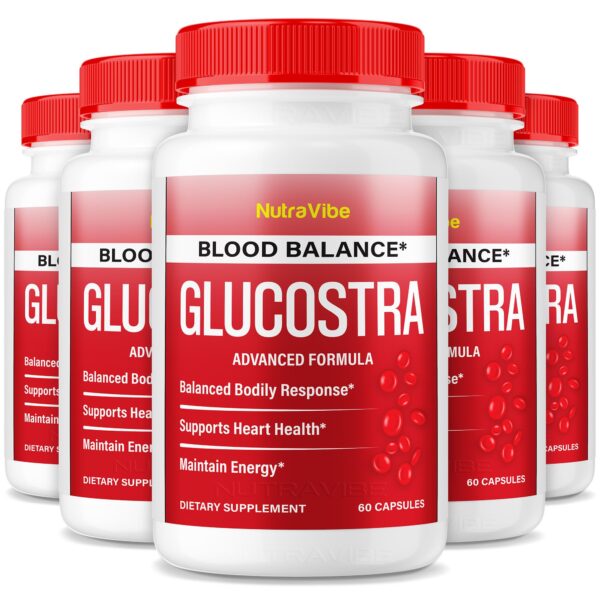 Frasco de cápsulas Glucostra para energía y salud diaria