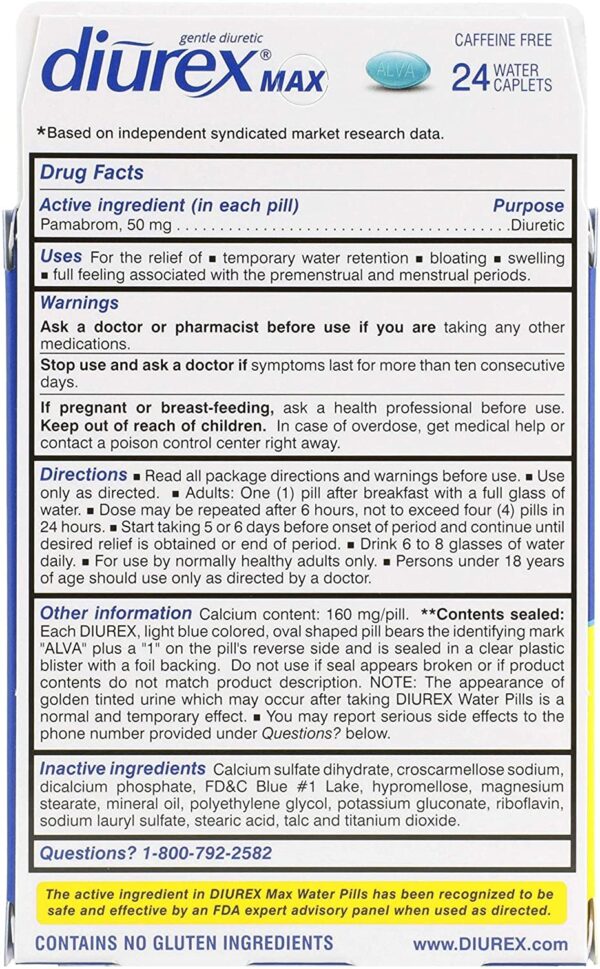 Caja individual Diurex Max tabletas sin cafeína 24 unidades