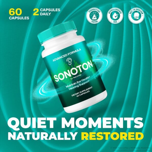 Frasco abierto de cápsulas Sonoton con cápsulas visibles