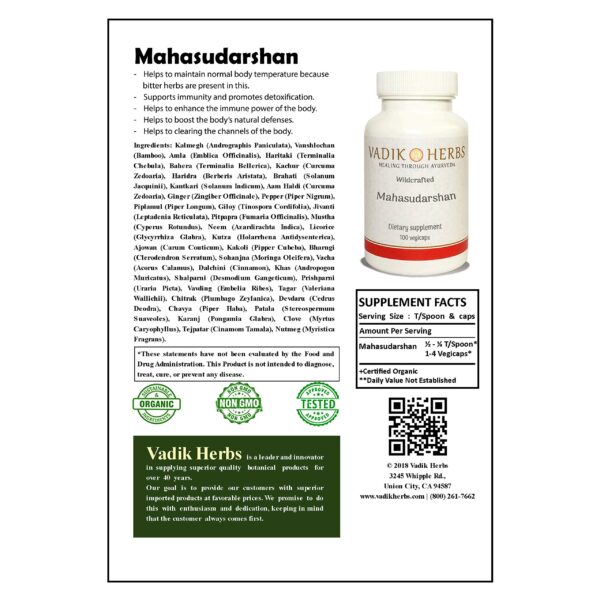 Detalle etiqueta Mahasudarshan Vadik Herbs polvo orgánico