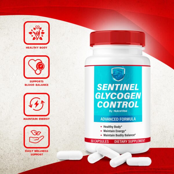 Envase frontal Sentinel Glycogen Control suplemento diario de 300 cápsulas