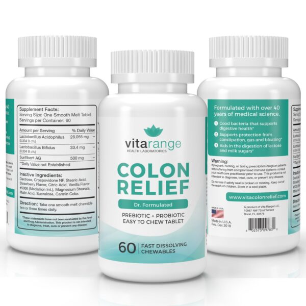 Vista lateral de frasco VitaRange tabletas masticables