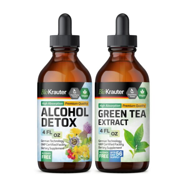 Botellas de tintura detox alcohol y extracto té verde Bio Krauter