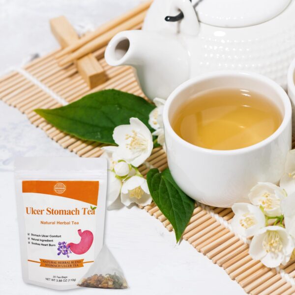 Detalle etiqueta con usos del té natural Siyolaherb para úlceras