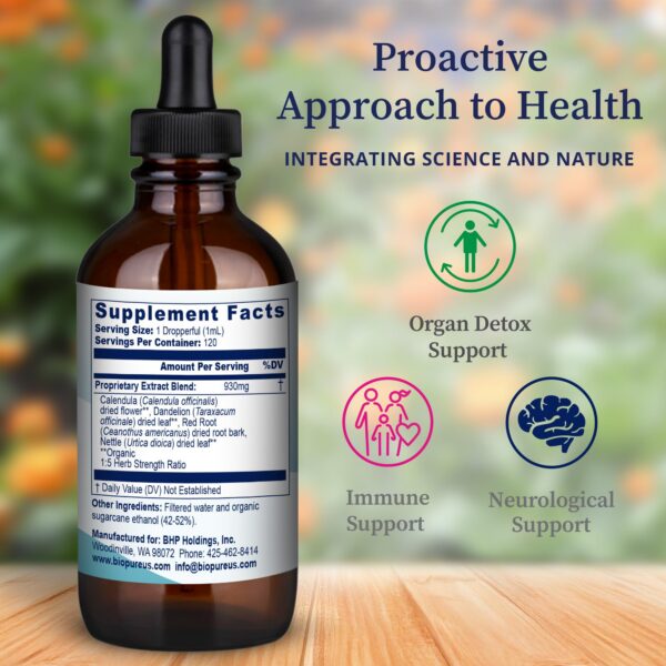 Frasco de producto BioPure detox linfático contra fondo blanco