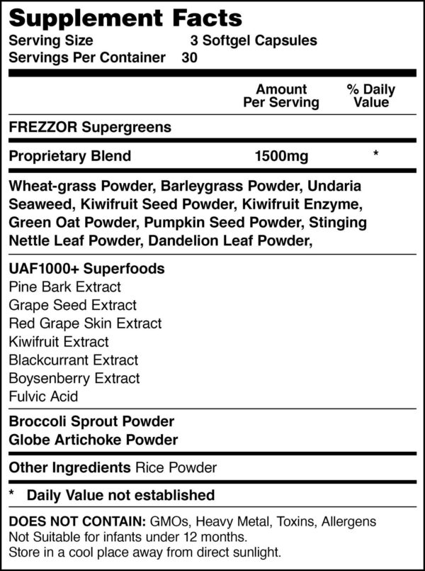 Lado del frasco cápsulas FREZZOR Super Greens con información