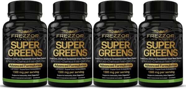 Frasco cápsulas FREZZOR Super Greens con UAF1000+ vista frontal